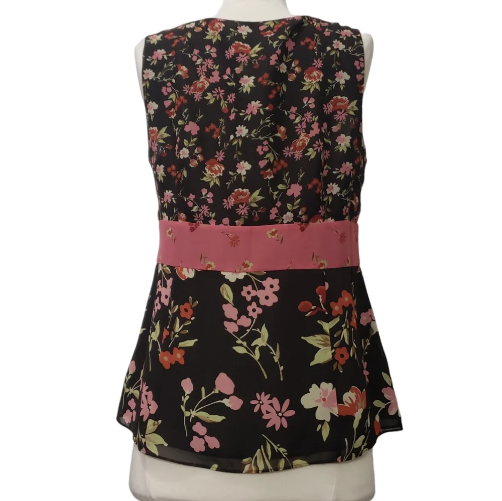 LOFT V-neck Fit & Flare Sleeveless Blouse Brown Pink Floral Empire Waist Boho - Picture 2 of 9